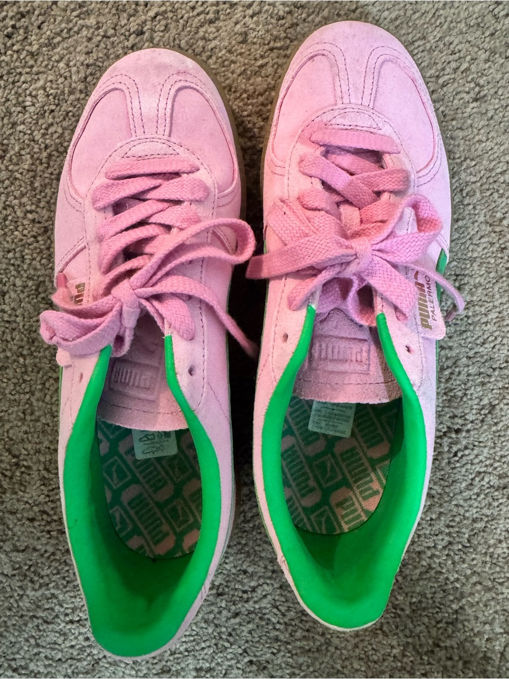 Puma Palermo Pink Suede Sneakers with Bright Green accent